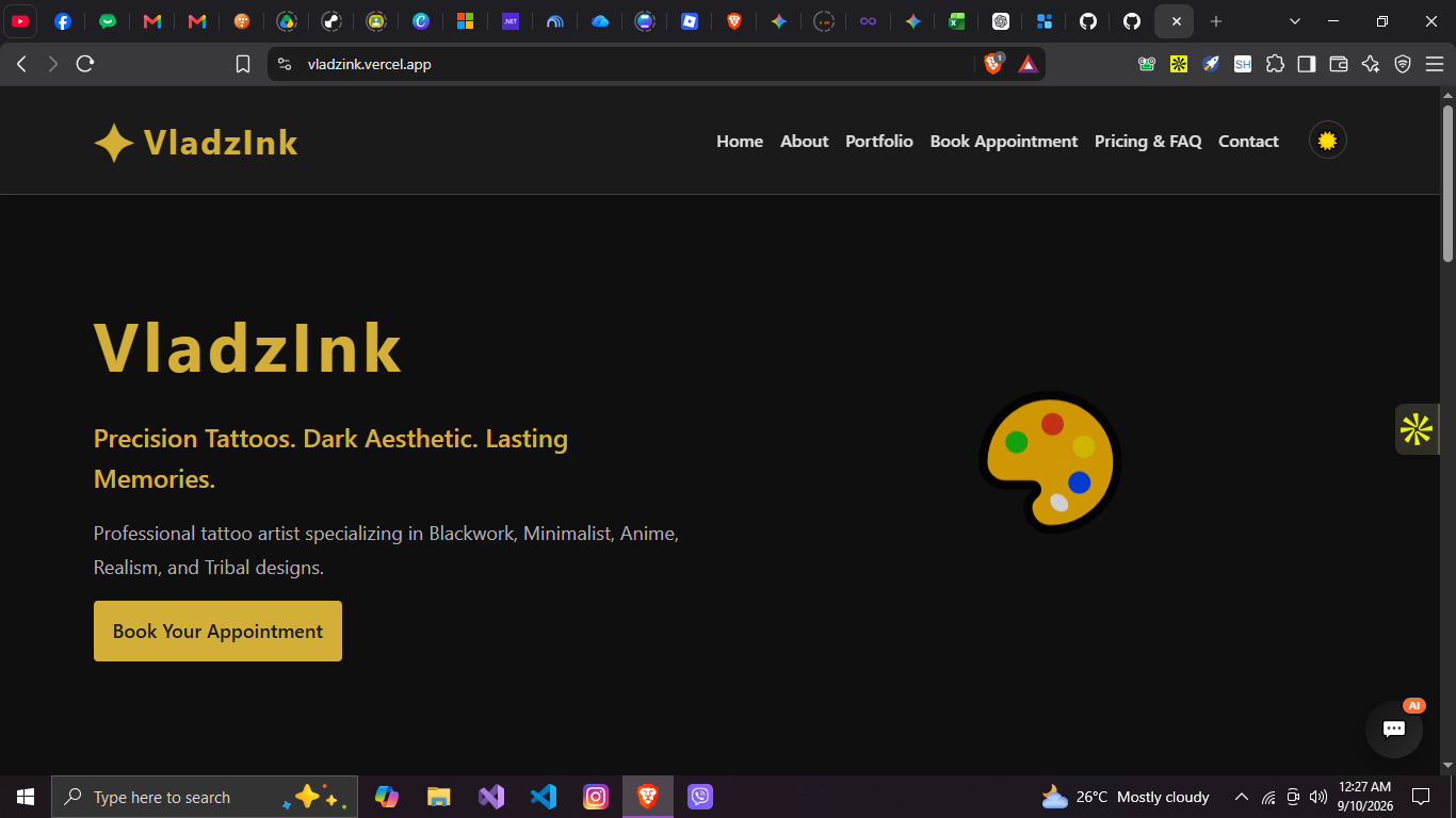 VladzInk tattoo studio homepage with a dark background and gold typography